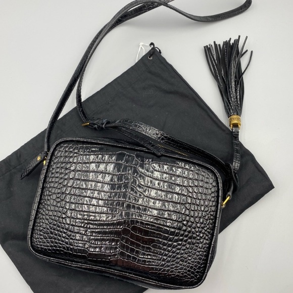 Saint Laurent Lou Croc Embossed Black Leather Bag with Dust Bag - Picture 7 of 9